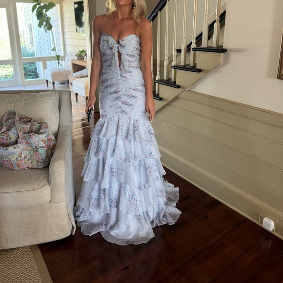 Sherri Hill Dresses & Skirts - **Sherri hill 2026 blue mermaid, floral ruffle dress bow front detail SIZE 2**